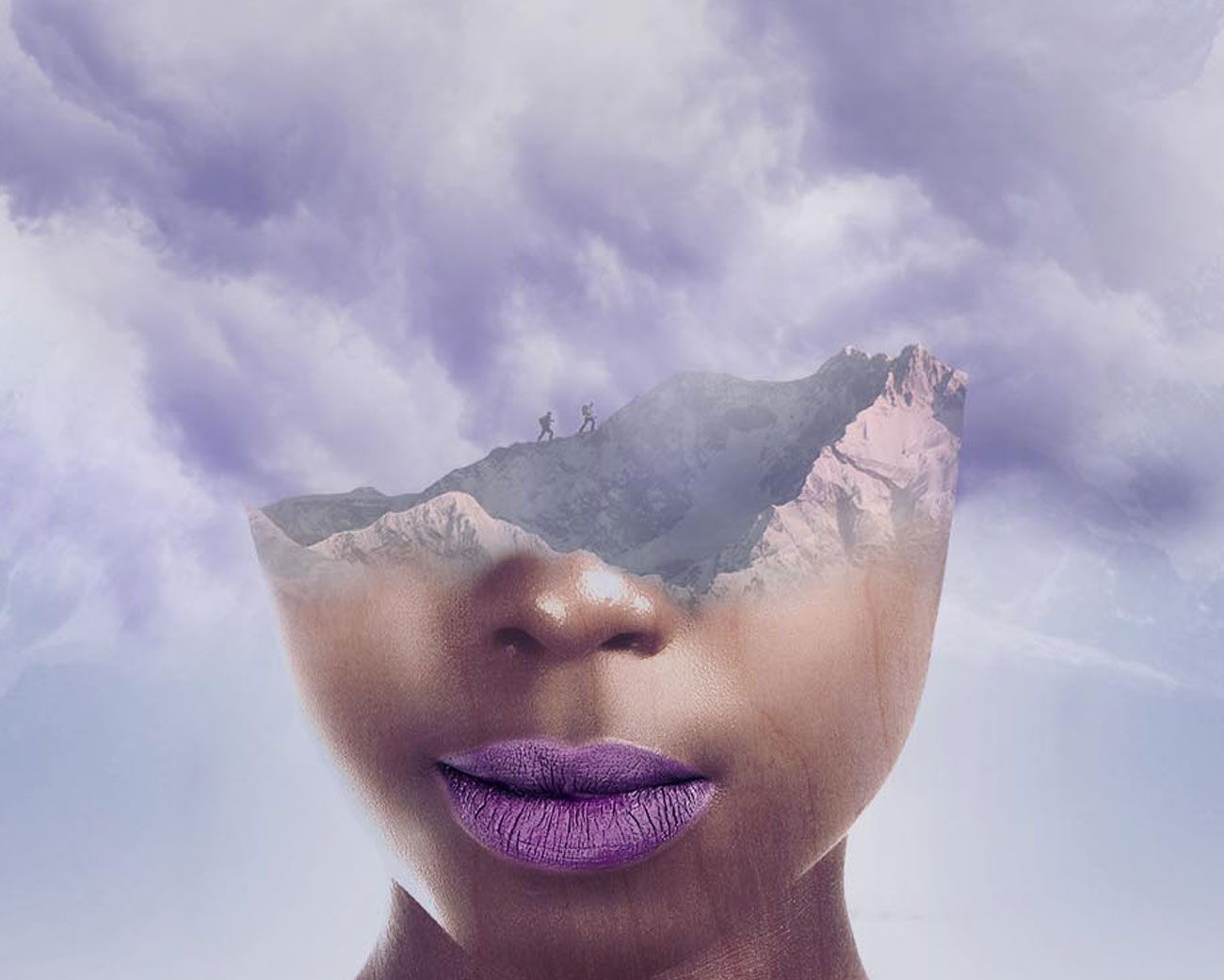 a clickable image of artwork with face and clouds
