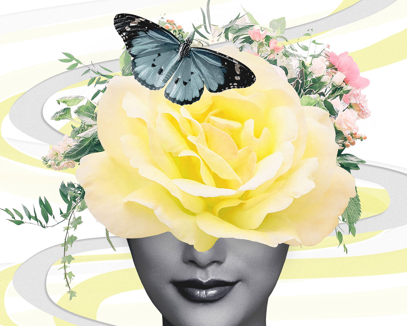 a clickable image of artwork with face with floral elements and swirls