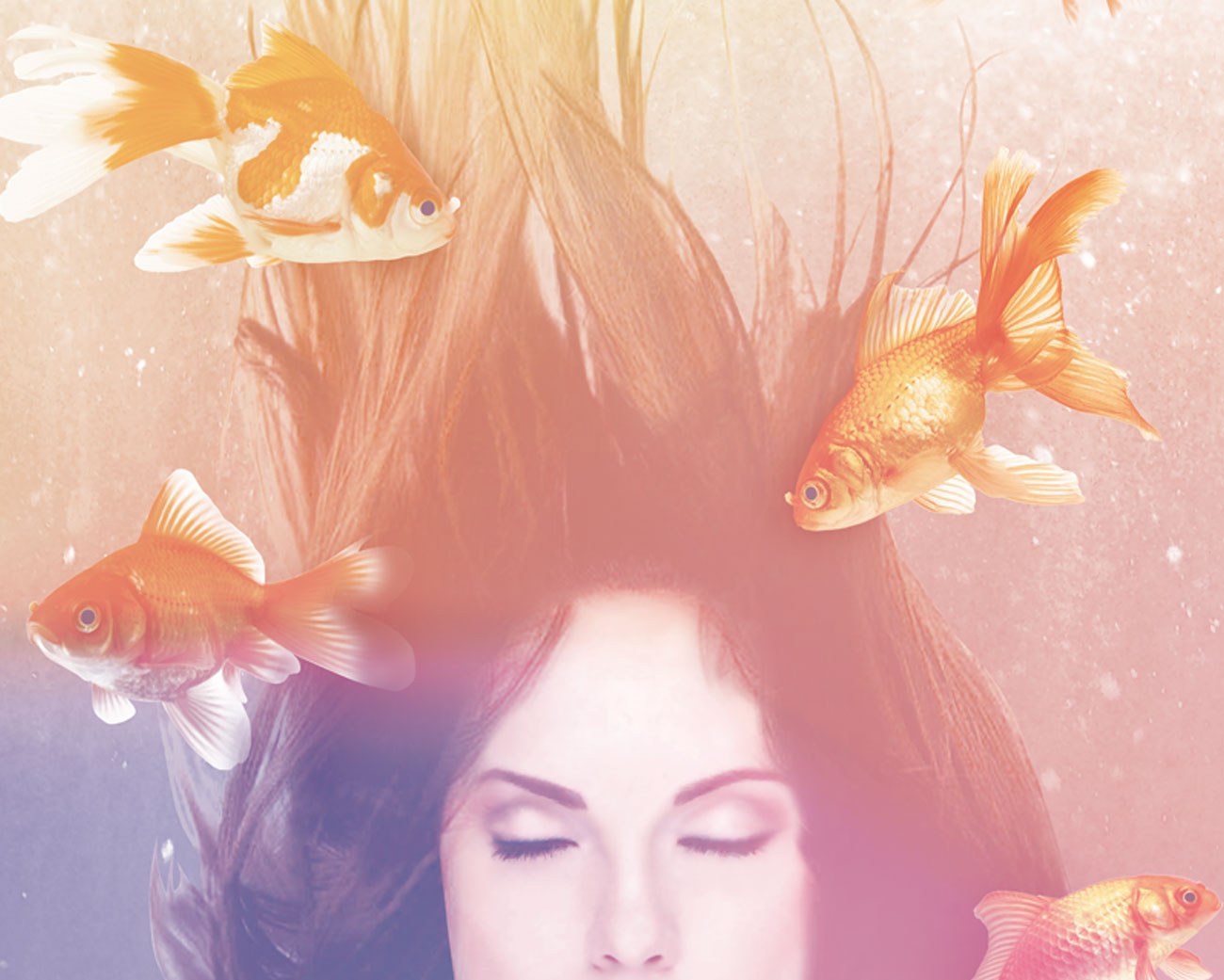 a clickable image of artwork with face and goldfish underwater