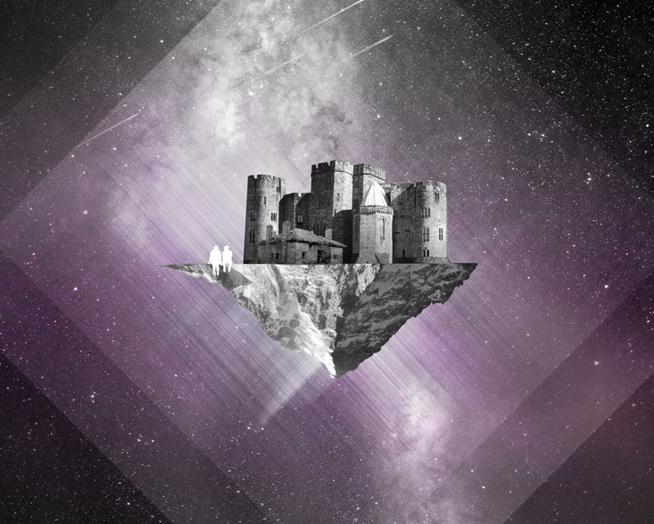 a clickable image of artwork of a floating castle in space