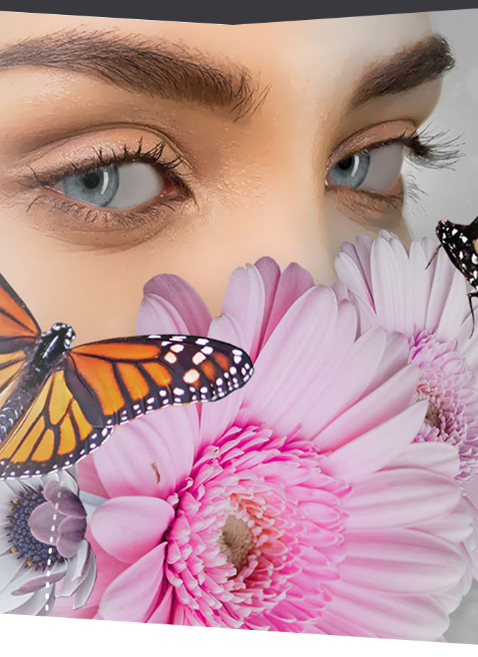 a mobile version of a section divider image of a woman with flower and butterfly art